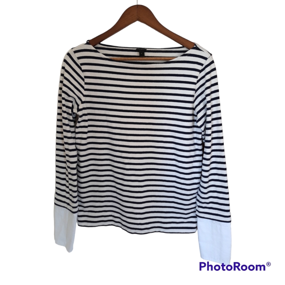J Crew Striped Boatneck Sweater with Button Cuffs Navy and White